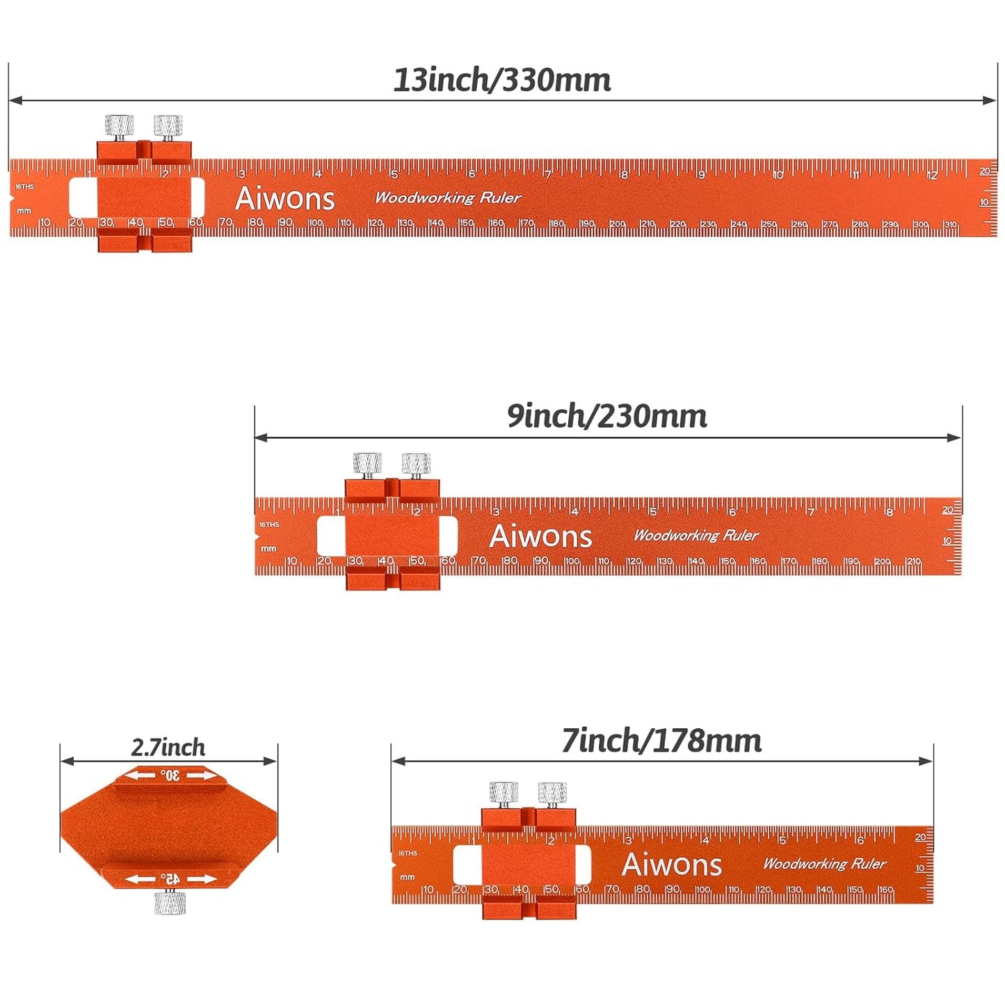 Woodworking Ruler Pocket Rule -12/8/6 Inch Precision Pocket Ruler with 45°& 30°Metal Slide Stop - Wood Marking Ruler Metric Inch Measuring Scribing Rulers - Aluminum Alloy Square Ruler