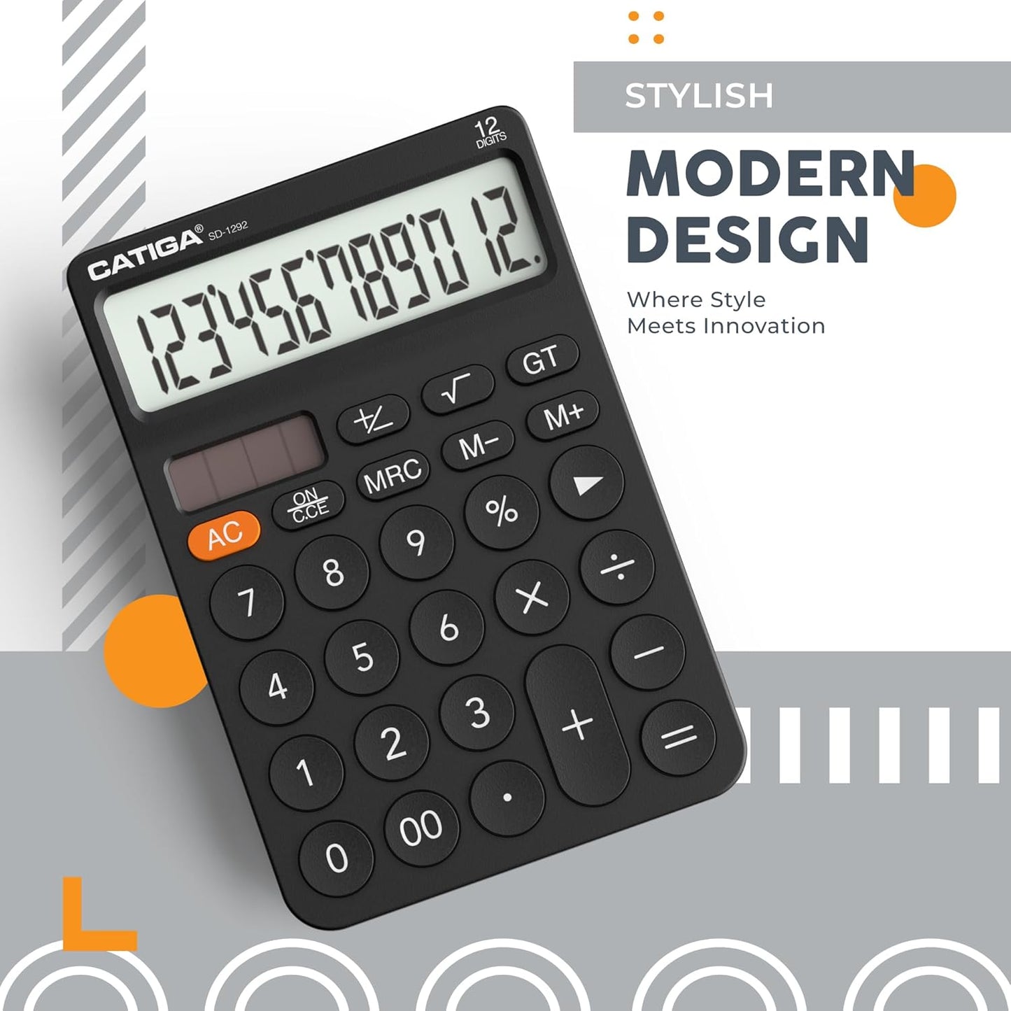 CATIGA 12 Digit Desktop Calculator with Large LCD Display, 4 Funtions Calculator, Round Design Big Button, Solar and Battery Dual Power, Standard Function for Office, Home, School, SD-1292