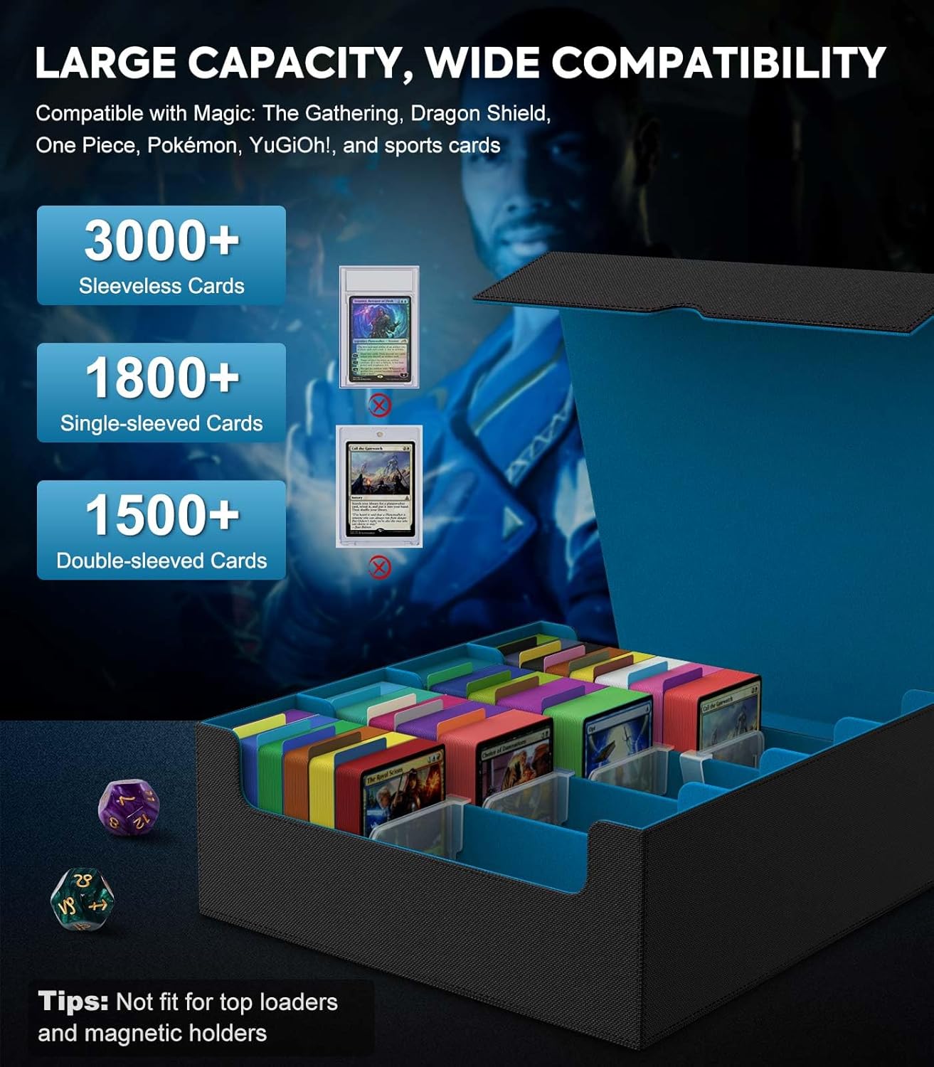 MoKo Trading Card Storage Box, 3000+ MTG Deck Box with 24 Colorful Dividers & 4 Card Supporters, Commander Card Deck Case Fits for Magic Game Cards, YugiOh, TCG, PTG and Sport Cards, Cyan