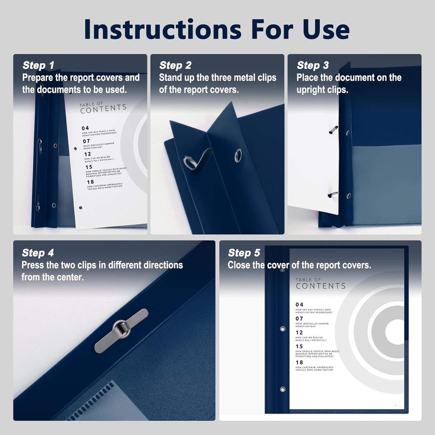Ndsox 15 Packs Clear Front Report Covers with 3-Prong Fasteners Plastic Project Presentation Folders Resume Document Covers with Navy Blue Back for 8.5x11" Letter Size Paper for School Office Business