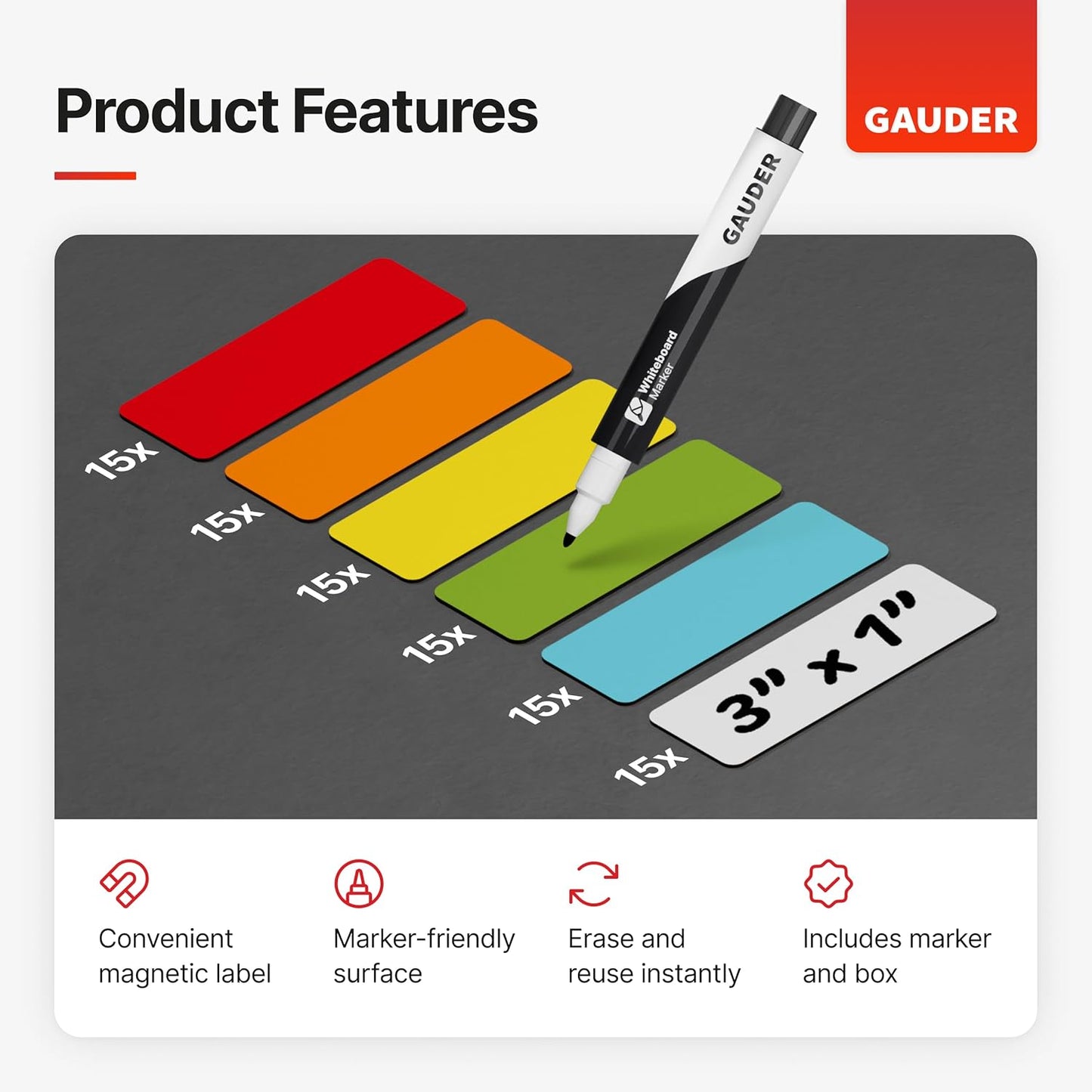 GAUDER Magnetic Labels Writable - Reusable Magnet Tags for Whiteboard, Chalkboard, Kanban Board and Refrigerator - Magnet Cards with Marker (90 Pack - 3 x 1 Inches)