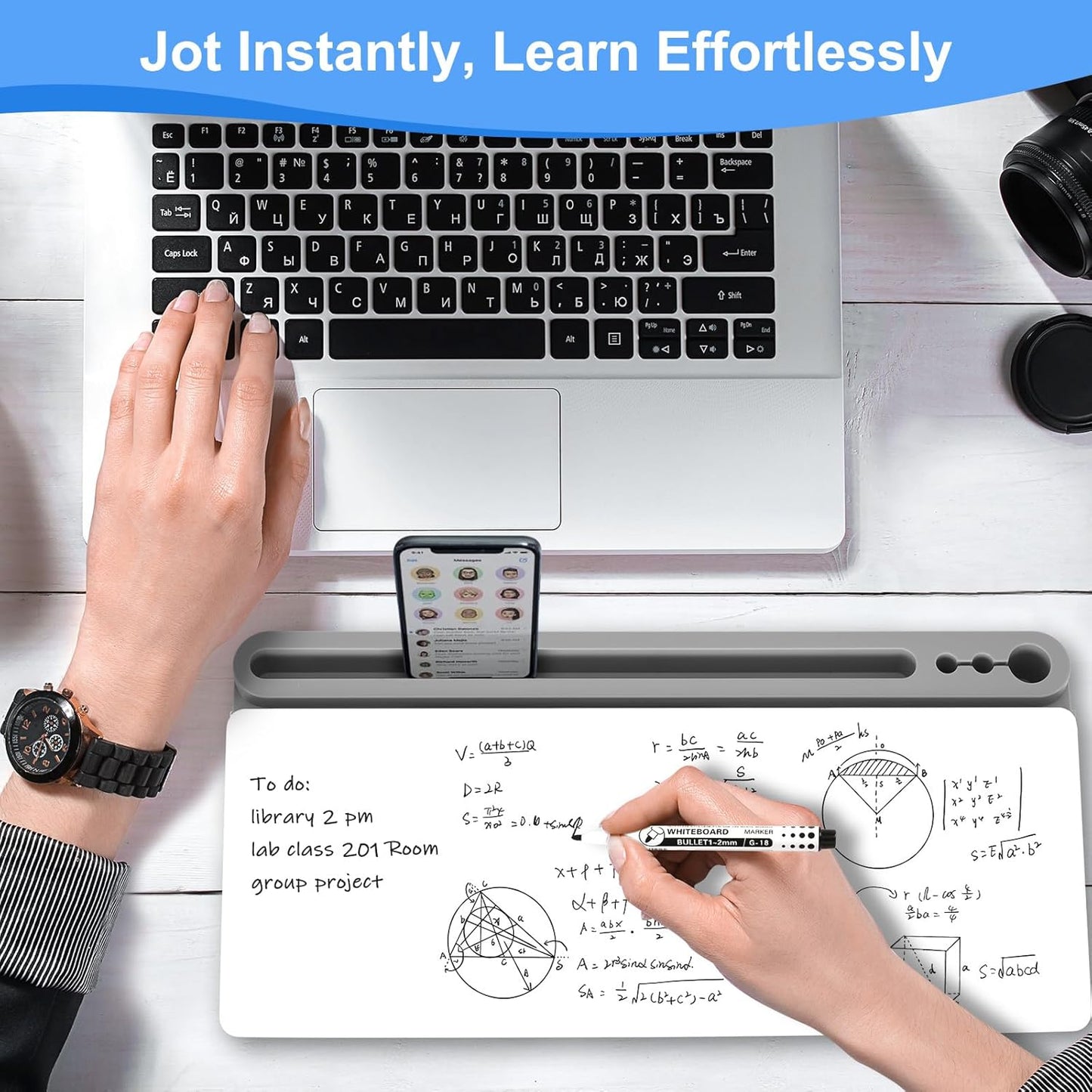 Desktop Glass Whiteboard with Storage, Grey Desk Dry Erase White Board with Computer Keyboard Stand, Desk Organizers and Accessories with Removable Cubicles for Office, Home, College, School