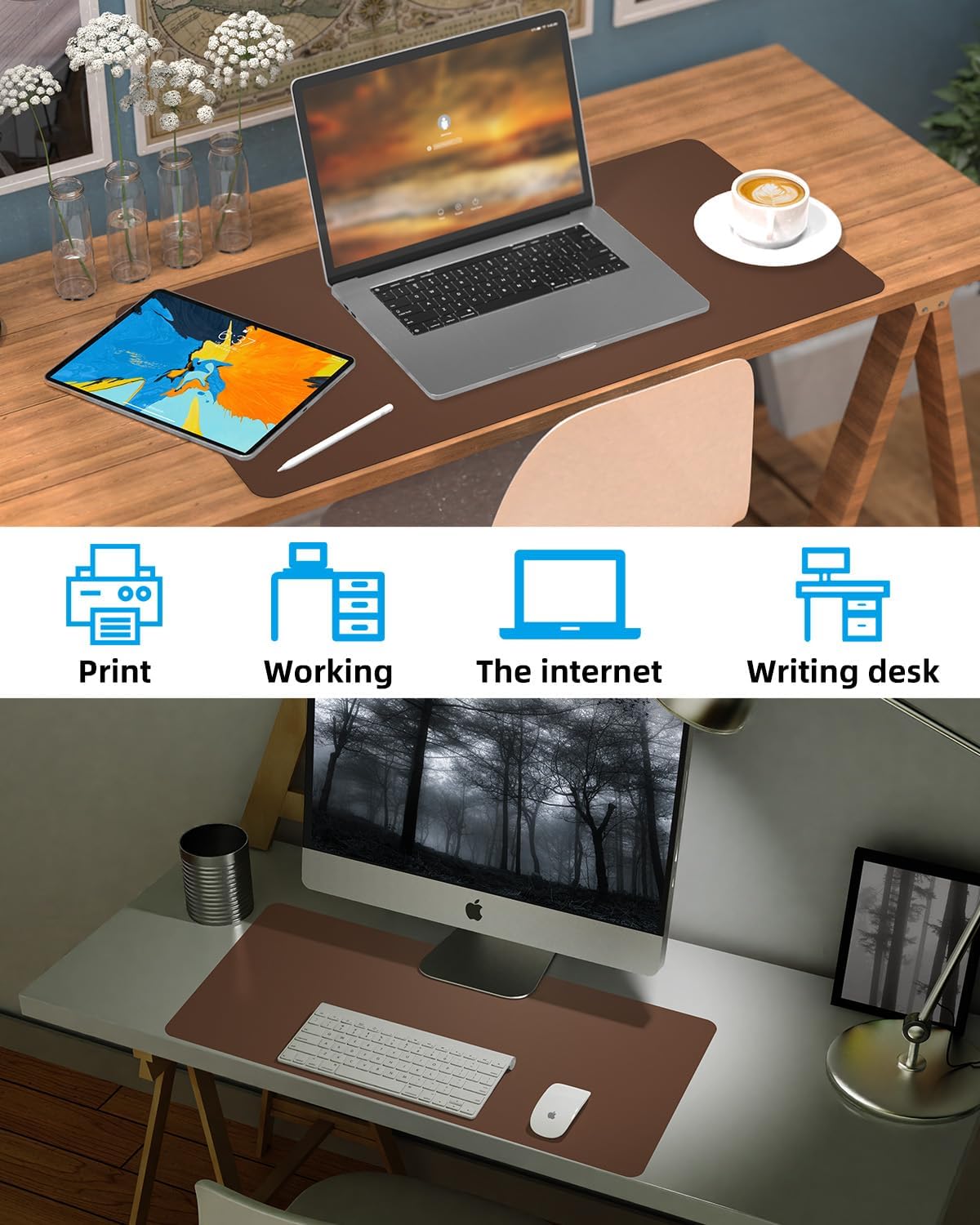 PULeather Non-Slip Desk Mat, Large Mouse Pad & Laptop Desk Pad - Waterproof Writing Pad for Office & Home (Brown, 35.4" x 17")