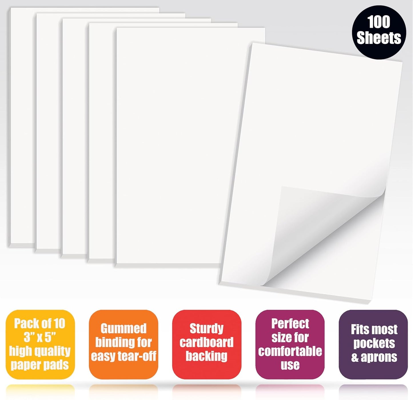 Better Office Products Blank Scratch Note Pads, 3" x 5", Server Notepads, 100 Sheets per Pad, Memo Pads, Gummed Binding for Easy Tear-off (10 Pack)