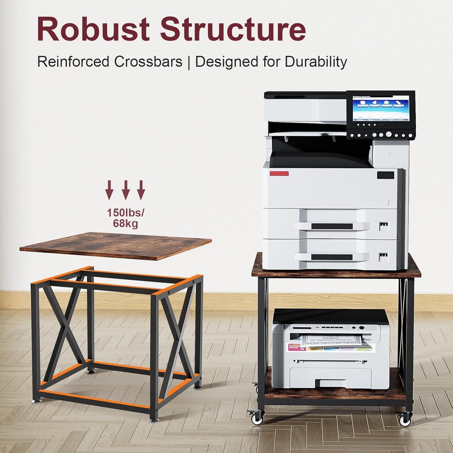 2-Tier Large Printer Stand with Storage Shelf, 23.6 x 23.6 Inches Printer Table, 2-Tier Rolling Cart with Industrial Wheels for Home Office, Mini Fridge, Laser, 3D Printer (Rustic Brown)