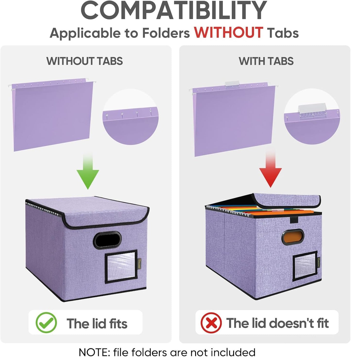 BALEINE File Organizer Box with Lid, Collapsible File Folder Organizer with Plastic Slide, Hanging File Folder Box for Office Document Storage (2 Pack, Purple)
