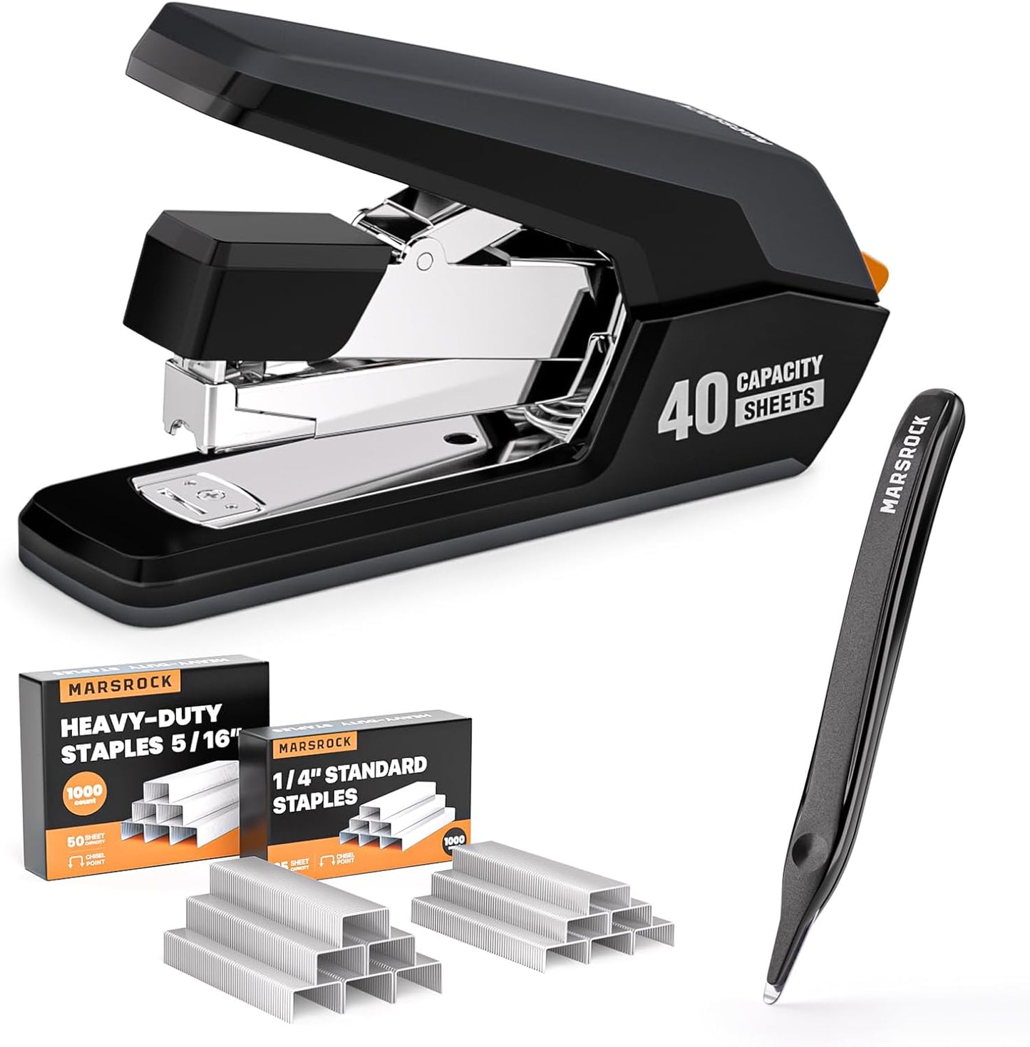 Effortless Stapler for Desk with 40-50 Sheet Capacity, 2000 Staples, 1-Touch Stapling, Ergonomic & Easy to Load Desktop Staplers, Heavy Duty Stapler, and Magnetic Staple Remover, Black