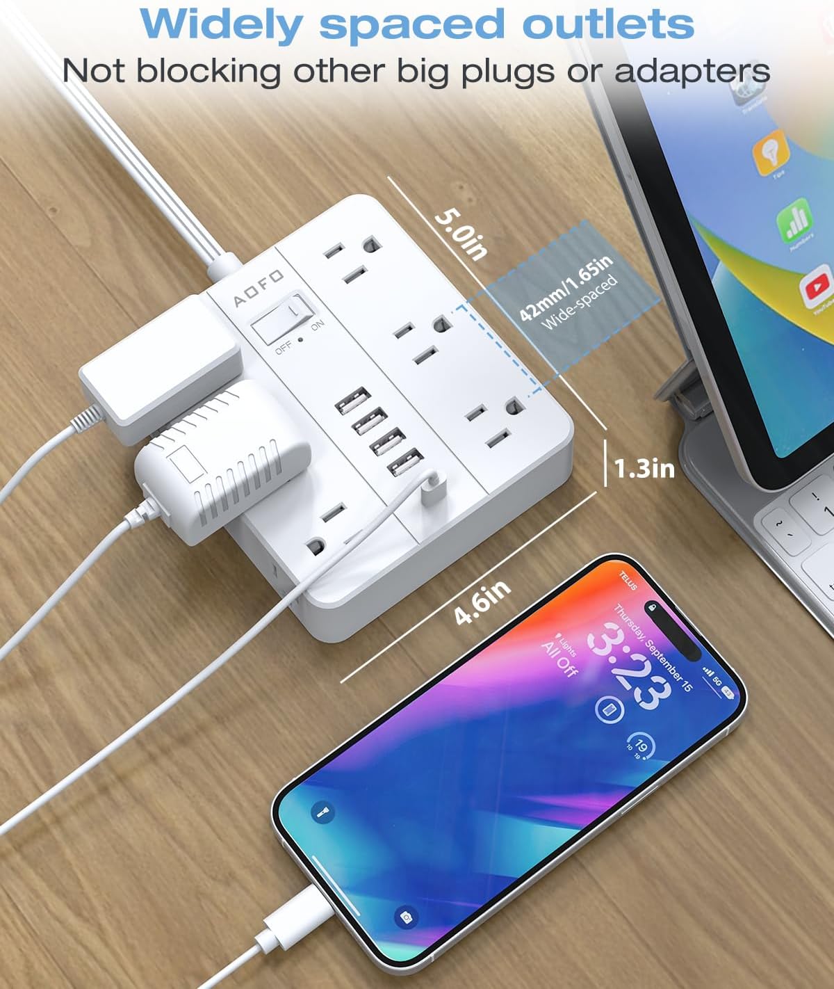10FT Surge Protector Power Strip,12 AC Outlets with 6 USB Ports (2 USB-C), Flat Plug Extension Cord with Multiple Outlets, Wall Mount for Home Office,Dorm,White