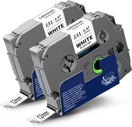 TZe-2312PK Tape 12mm 0.47" Label Maker Tape Laminated Black on White 1/2 Inch Replacement for TZe-231 TZe231 TZ-231 Label Tape Refills for PT-H110 D210 D220 D400 D600 PT-H103W, 2-Pack