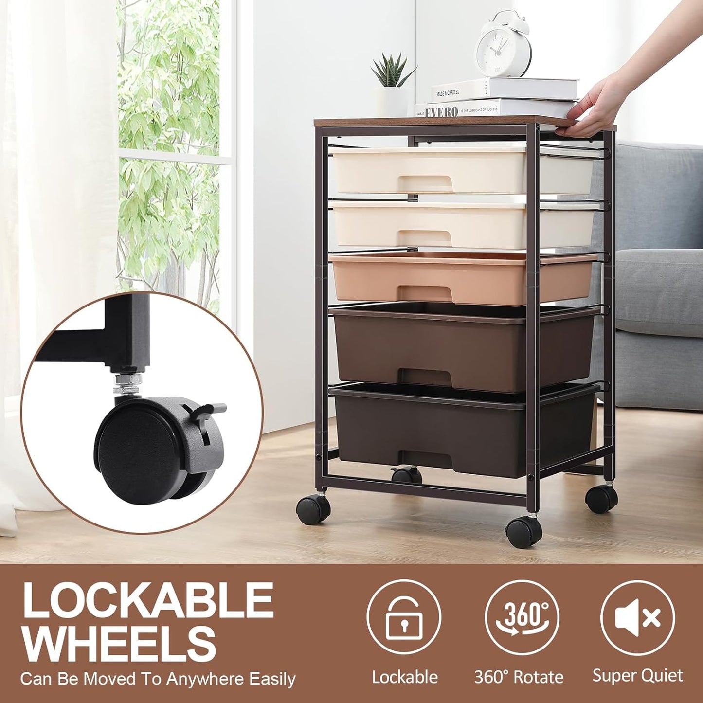 Utility Cart with 5 Drawers,Storage Drawer Cart with Wooden Tabletop and Lockable Wheels,Craft Storage Trolley Cart,5-Tier Rolling Utility Cart on Wheels,Dark Brown