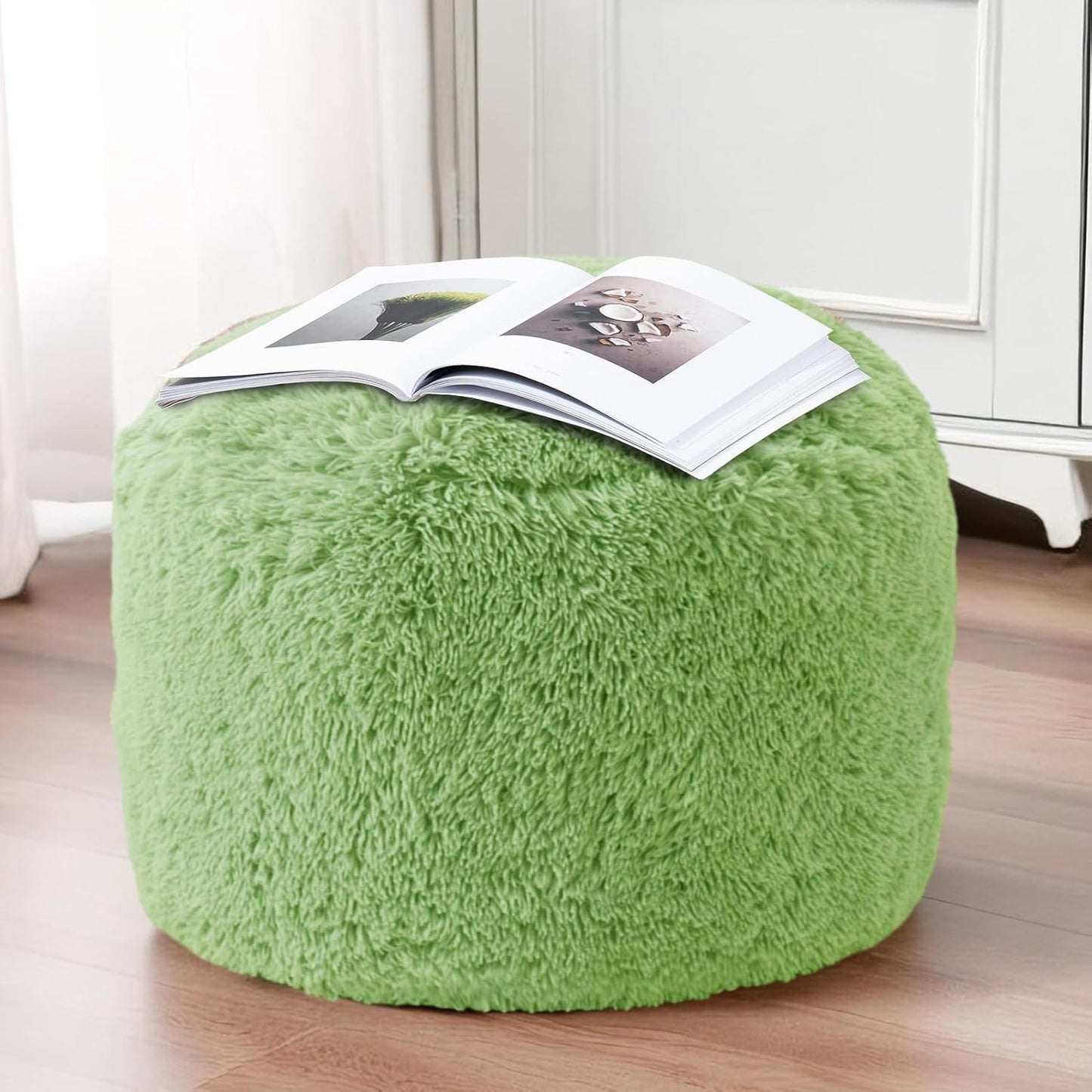HIGOGOGO Round Stuffed Pouf Ottoman, Long Faux Fur Poufs with Foam Chunk Filling, Fluffy and Furry Pouf Foot Stool Storage Ottoman, 20 X 15 Floor Poufs Foot Rest for Living Room, Green