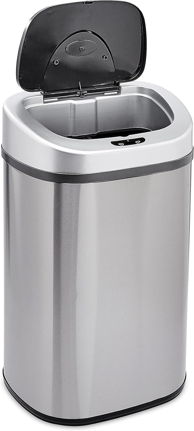 Amazon Basics Automatic Trash Can with Lid, Hands-Free, Stainless Steel, D-Shaped 80 l, 2 Bins