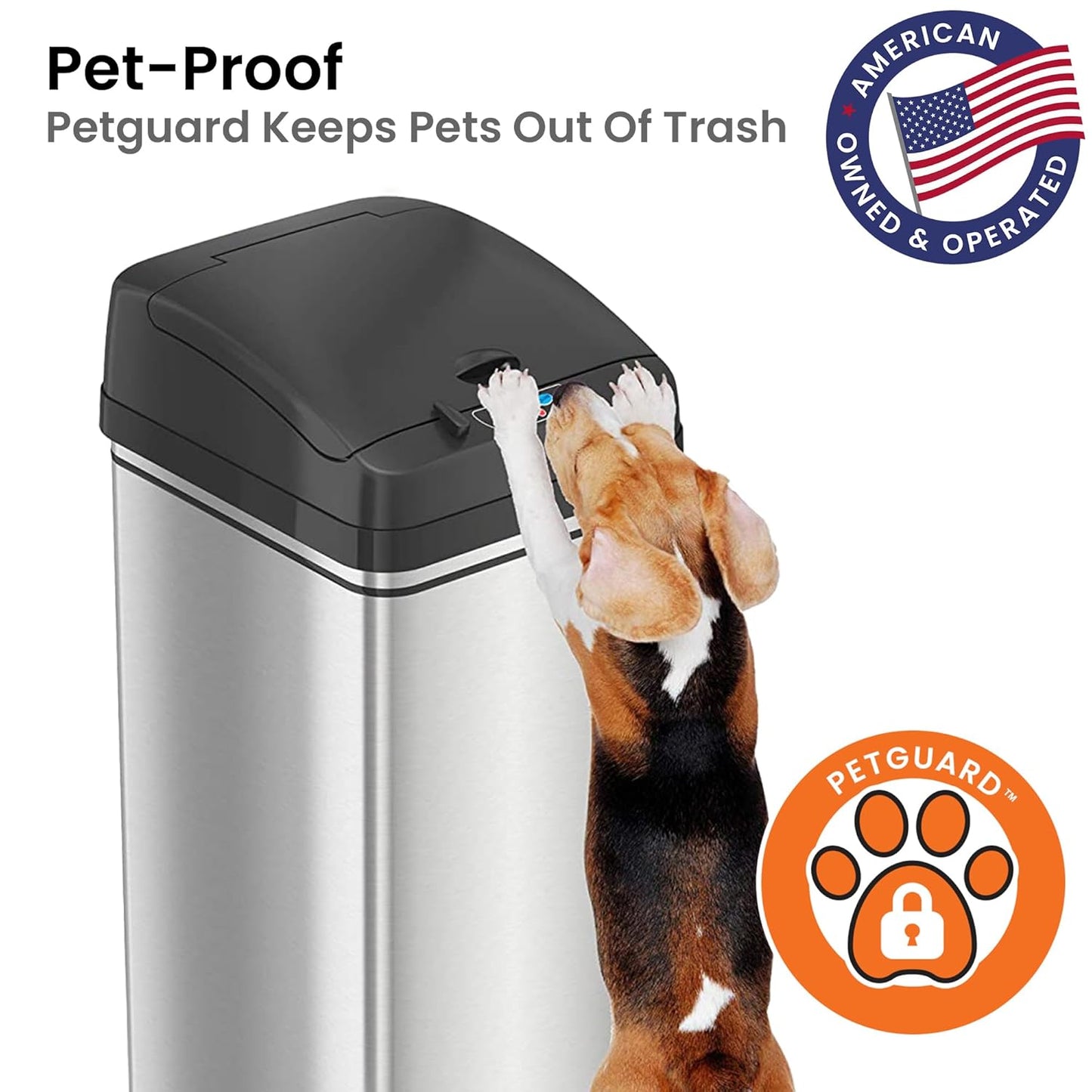 iTouchless 13 Gallon Sensor Trash Can 2.0 – Touchless Lid, Dog-Proof Lock, Odor Filter, Stainless Steel, Battery or Plug-in, for Kitchen, Home, or Office