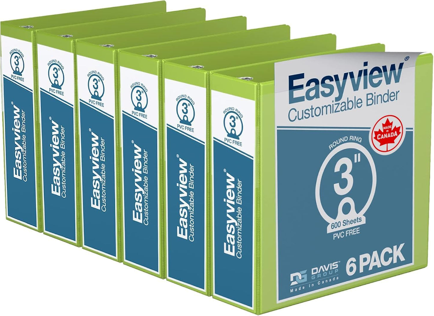 Easyview Premium 3-Ring Binders with Clear-View Covers and Round Rings, Binders for School or Office, 3 Inch, Pack of 6, Lime Green