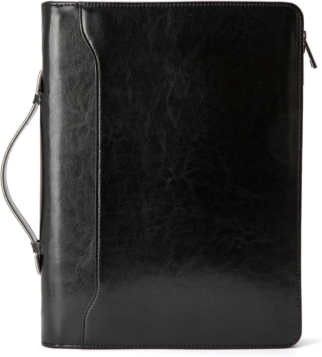 Vegan Leather Portfolio with Hidden Handle, Front Pocket, Business Padfolio Tablet/13” Laptop Organizer, Folio Document Cell Phone Holder, Professional Executive Folder, Black