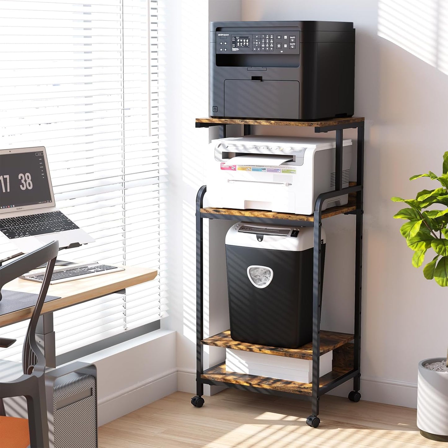 4 Tier Printer Stand with Storage Shelf, Large Tall Printer Cart with Wheels, Mobile Printer Table for Home Office, Adjustable Stands for Heat Press Scanner Fax (Brown)