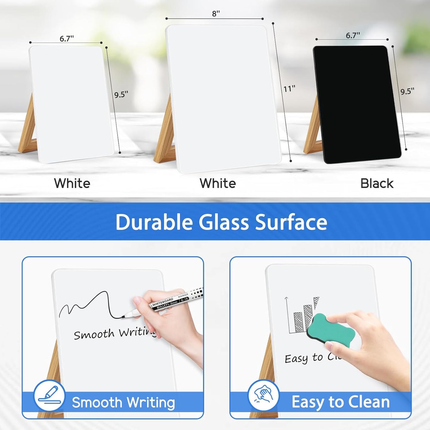 WALGLASS Desktop Glass White Board 9.5"x 6.7" with Reversible Wood Stand, Small Dry Erase Board, Portable Whiteboard for Desk, Reusable Desk Notepad with 2 Markers&Eraser for Home, Office
