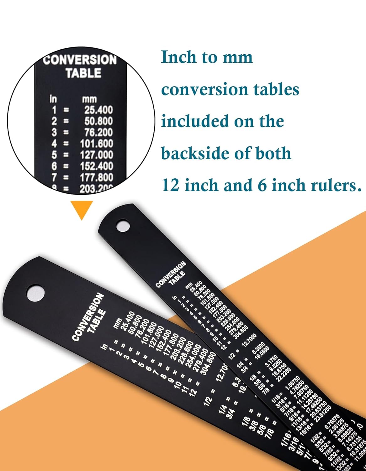 Metal Ruler Kit 12 Inch and 6 Inch, Stainless Steel Rulers with Centimeters, Millimeters, Inches and Conversion Table for Office and School, Easy to Read Metric Rule Set, 2 Pack