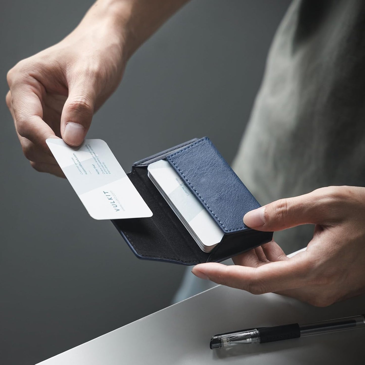 VULKIT Leather Business Card Holder Case for Men Slim Pocket Business Card Wallet Name Card Case Holder, Holds 20 Business Cards Navy