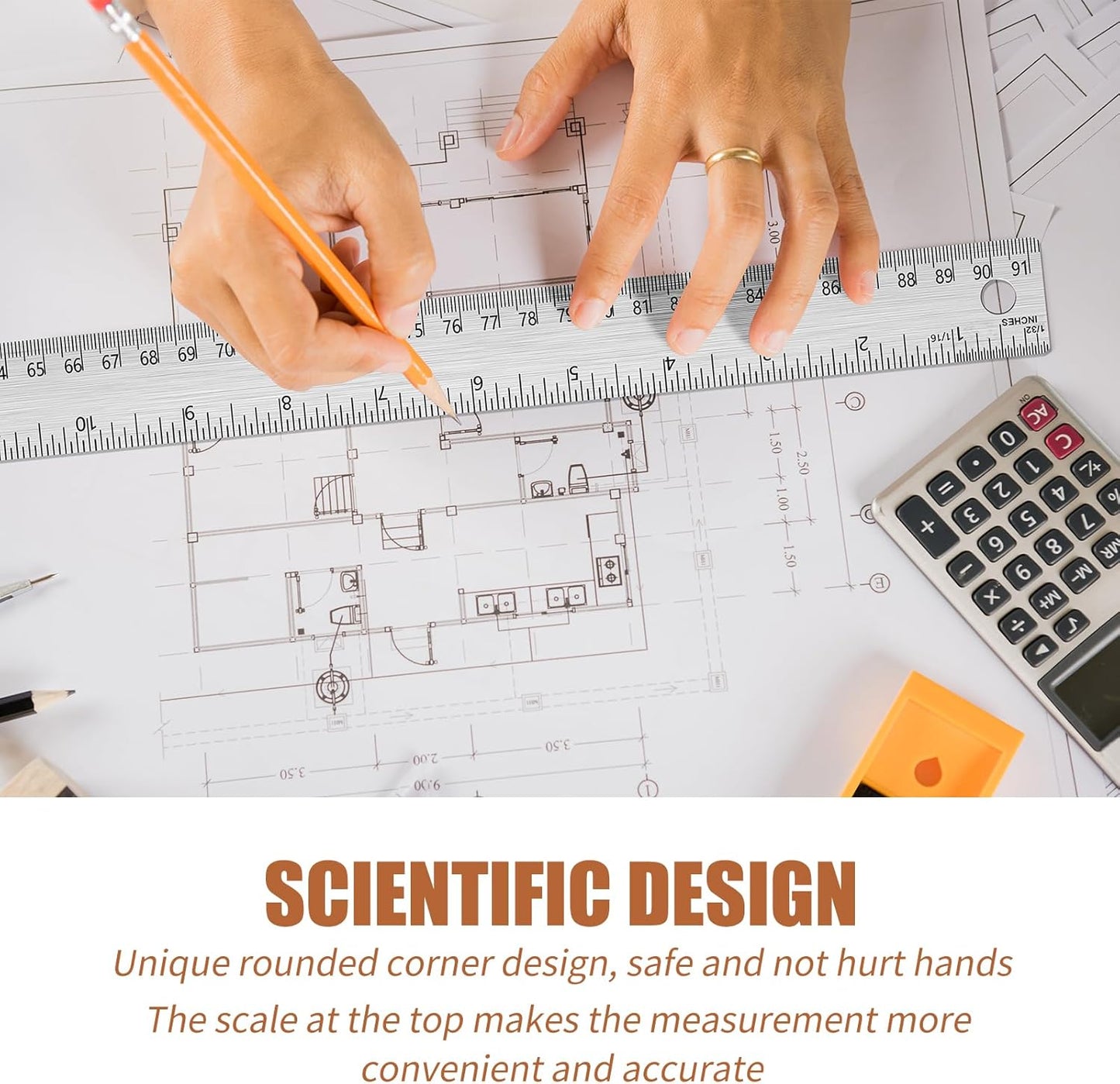 2PCS 24 Inch Metal Ruler, Stainless Steel Straight Edge Ruler with Cork Backing, Non-Slip Imperial & Metric Measuring Tool for School, Office, Woodworking, Drafting