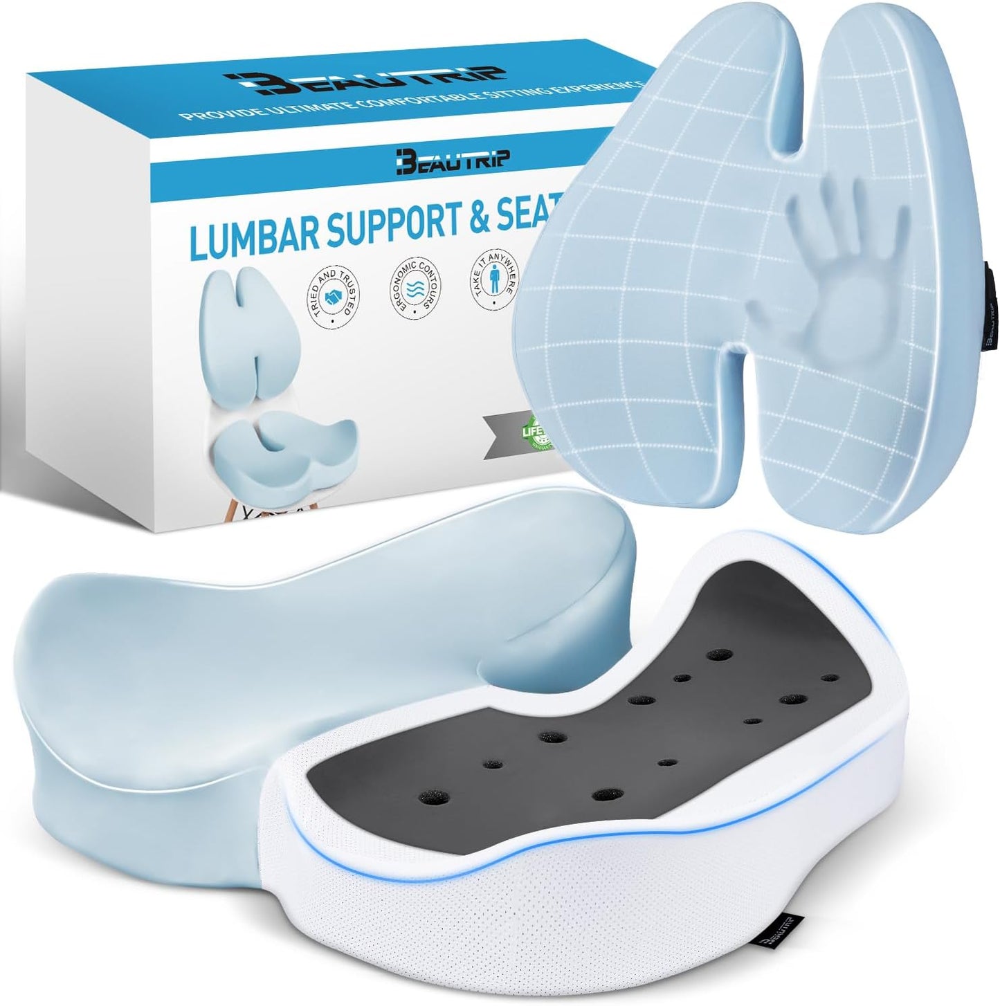 BEAUTRIP Seat Cushion & Lumbar Support Pillow for Office Chair, Car & Wheelchair - Ergonomic Coccyx Cushion for Tailbone, Sciatica & Back Pain Relief - Extra-Dense Charcoal Memory Foam Chair Cushions