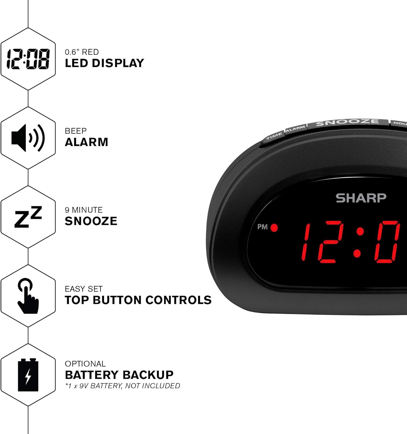 Sharp Small, Space-Saving Digital Alarm Clock – Compact Bedside Clock with Large Red LED Display, Easy Top Button Controls, Snooze, and Battery Backup – Perfect for Bedroom, Dorm, or Travel