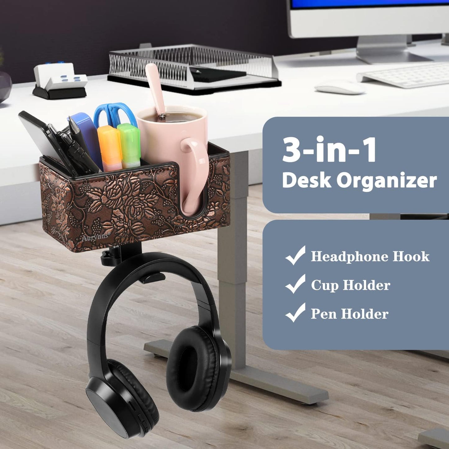 Desk Cup Holder Clip on Pen Holder Headphone Hanger Headset Stand Rotatable Clamp Hook Under Desk (Golden)