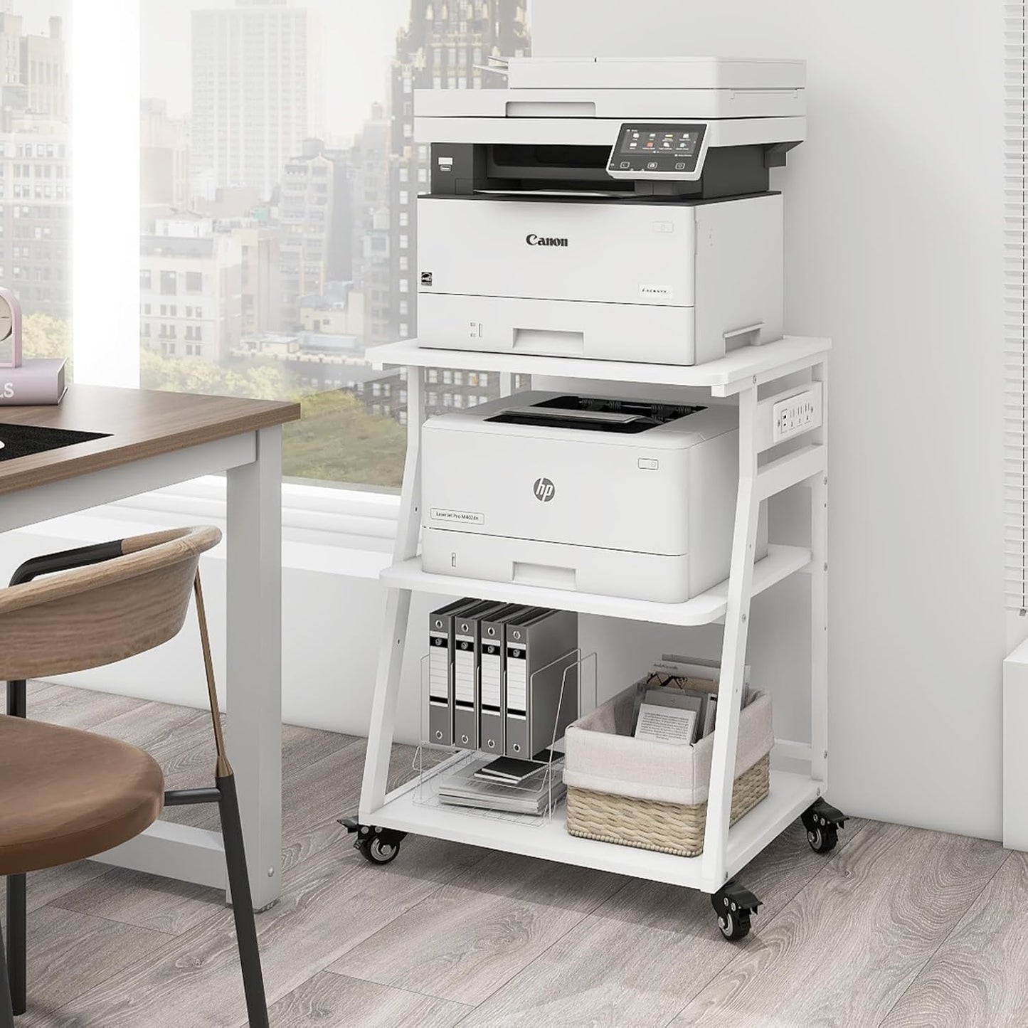 Natwind 23.6"x19.7" Large Printer Stand,3 Tier Printer Table with Charging Station, Rolling Cart with Adjustable Storage Shelf for Home Office Organization, Stand for Heat Press,3D Printer (White)