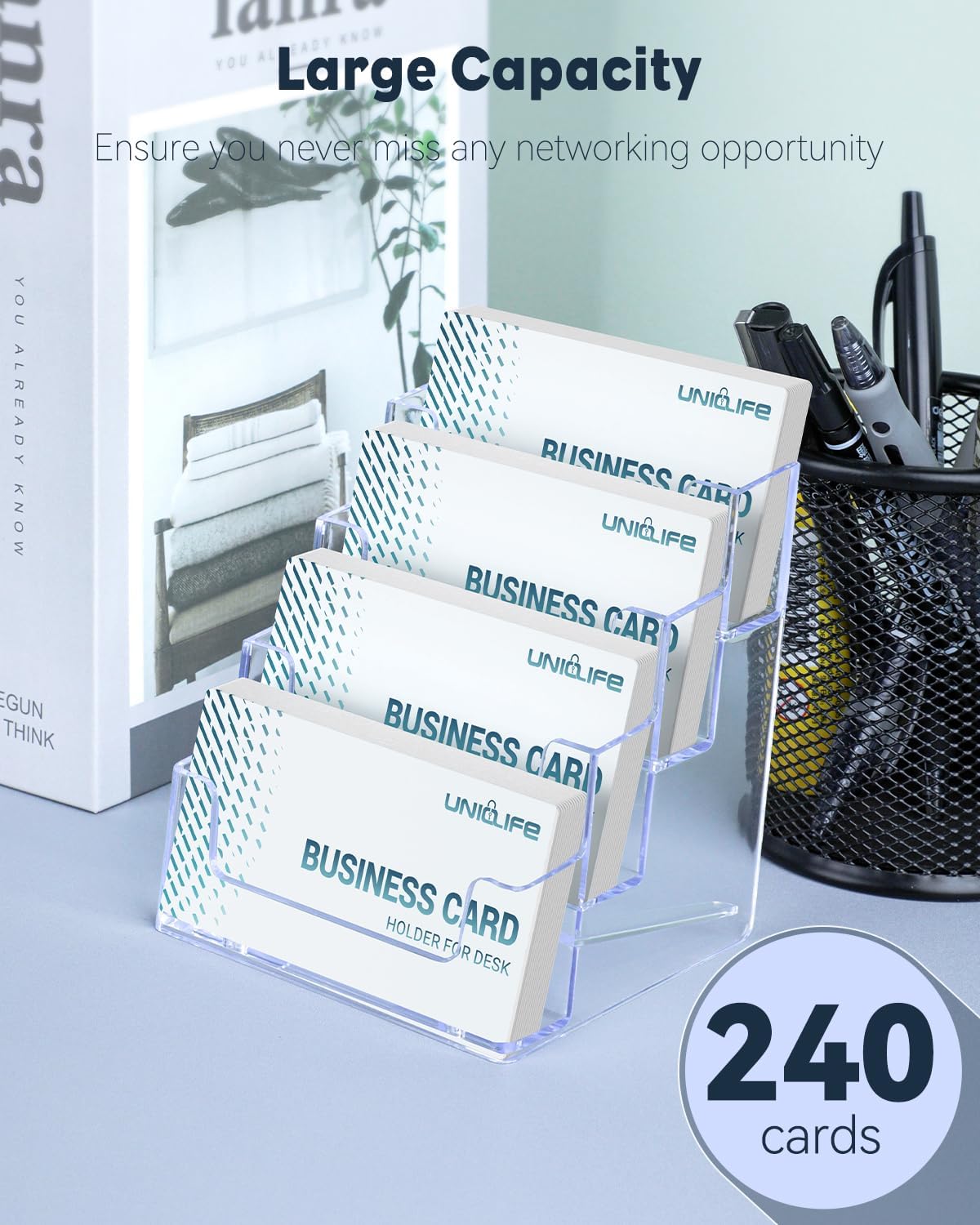 Uniclife 4 Pack Acrylic Business Card Holder for Desk 4 Slots Clear Business Card Display Stand for Men & Women Desktop Business Card Organizer Card Stand for Office Home Exhibition, 240 Card Capacity