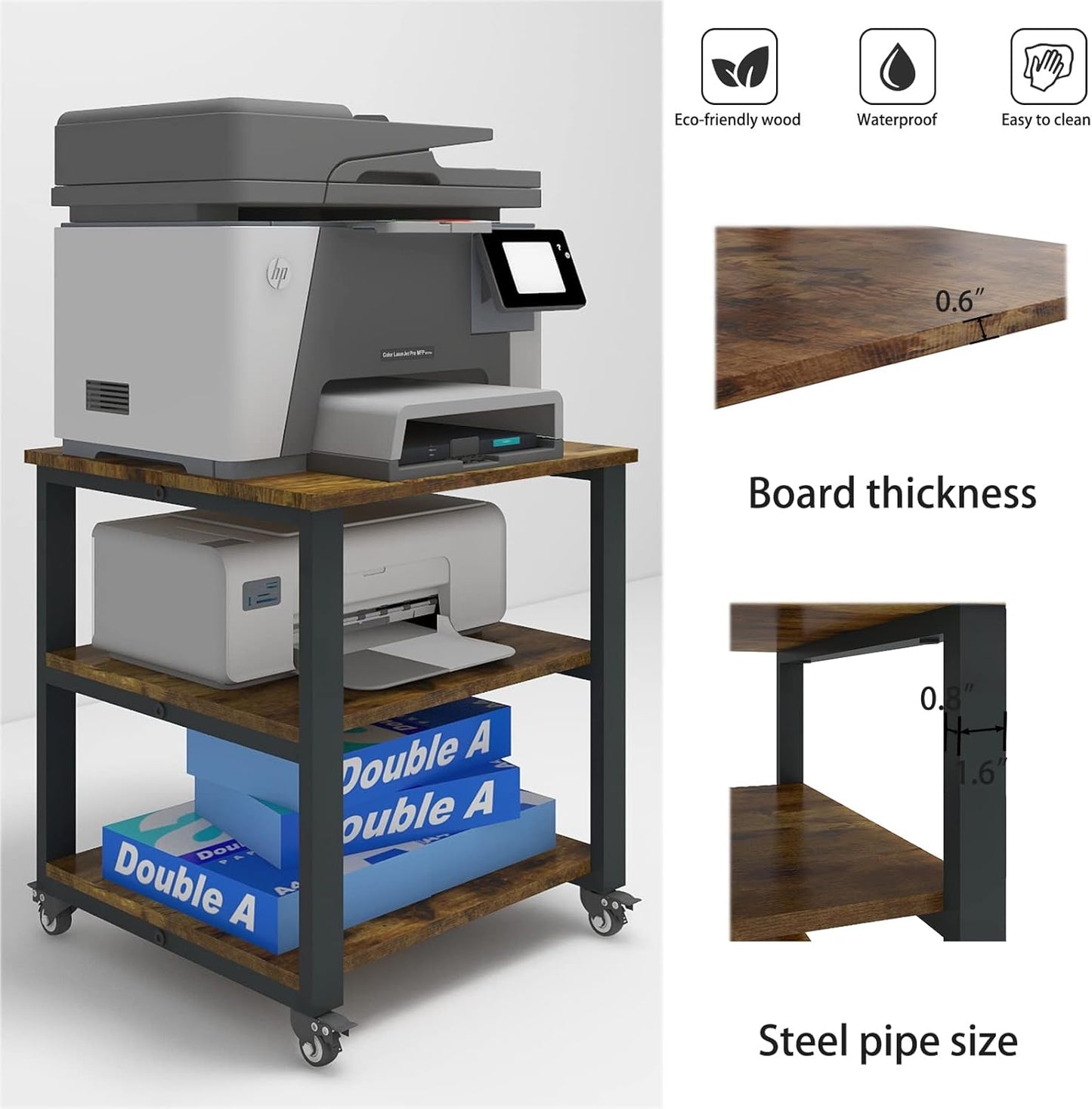 Natwind 3-Tier Laser Printer Cart,19.7''x19.7''x22.6'' Large Machine Stand,Heavy Duty Rolling Table with Storage,Floor-Standing Rack on Wheels,Paper File Organizer Shelf for Home Office (Retro)