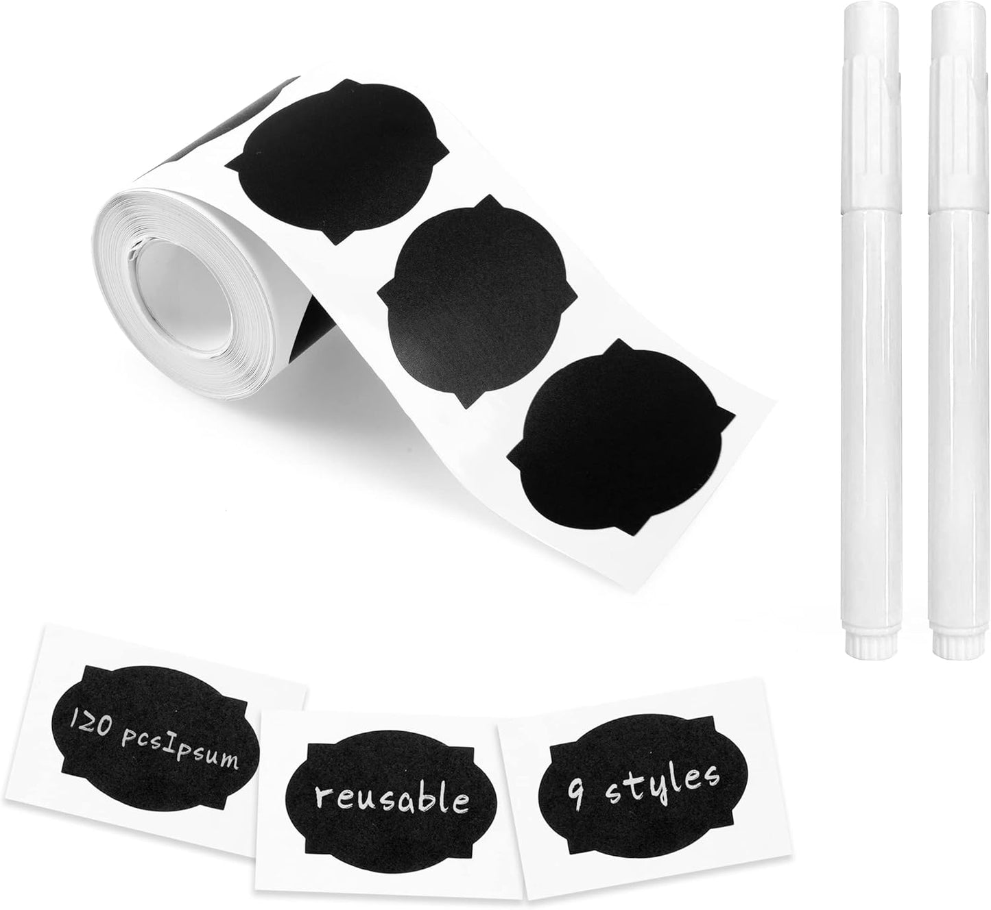 Chalkboard Labels, 120 Pcs Black Reusable Waterproof Labels Stickers with 2 White Chalk Markers, Kitchen Pantry Sticker Labels for Containers, Mason Jars, Condiments, Food Storage (Turtle Shap