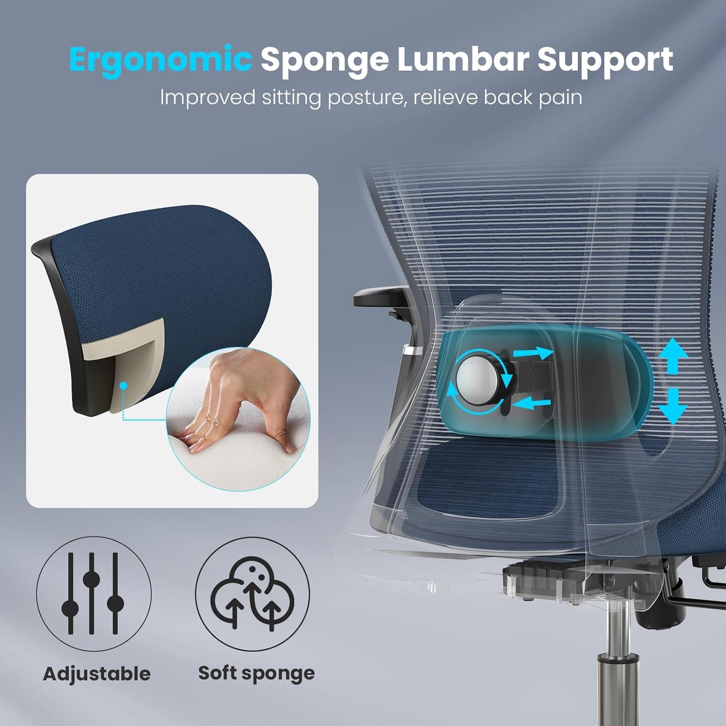 Farini Office Chair Ergonomic Desk Chair, High Back Computer Chair with Wheels, Home Sutdy Chair for Heavy People, Office Chair Adjustable Seat Depth, 3D Armrests and Adjustable Headrest, Blue