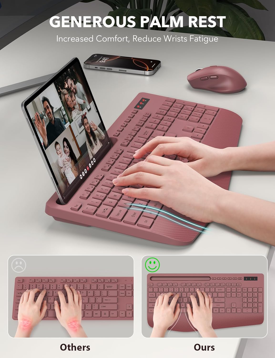 Wireless Keyboard and Mouse Combo - Full-Sized Ergonomic Keyboard with Wrist Rest, Phone Holder, Sleep Mode, Silent 2.4GHz Cordless Keyboard Mouse Combo for Computer, Laptop, PC, Mac, Windows