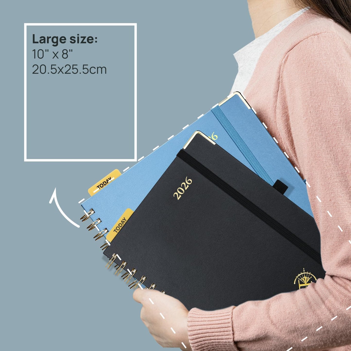 POPRUN 2026 Planner (Large Size 10'' x 8'' Wire-Bound Hard Cover) Daily Weekly and Monthly Calendar - Agenda 2026 (Jan.2026-Dec.2026) with Hourly Schedule, Monthly Tabs - Midnight Green