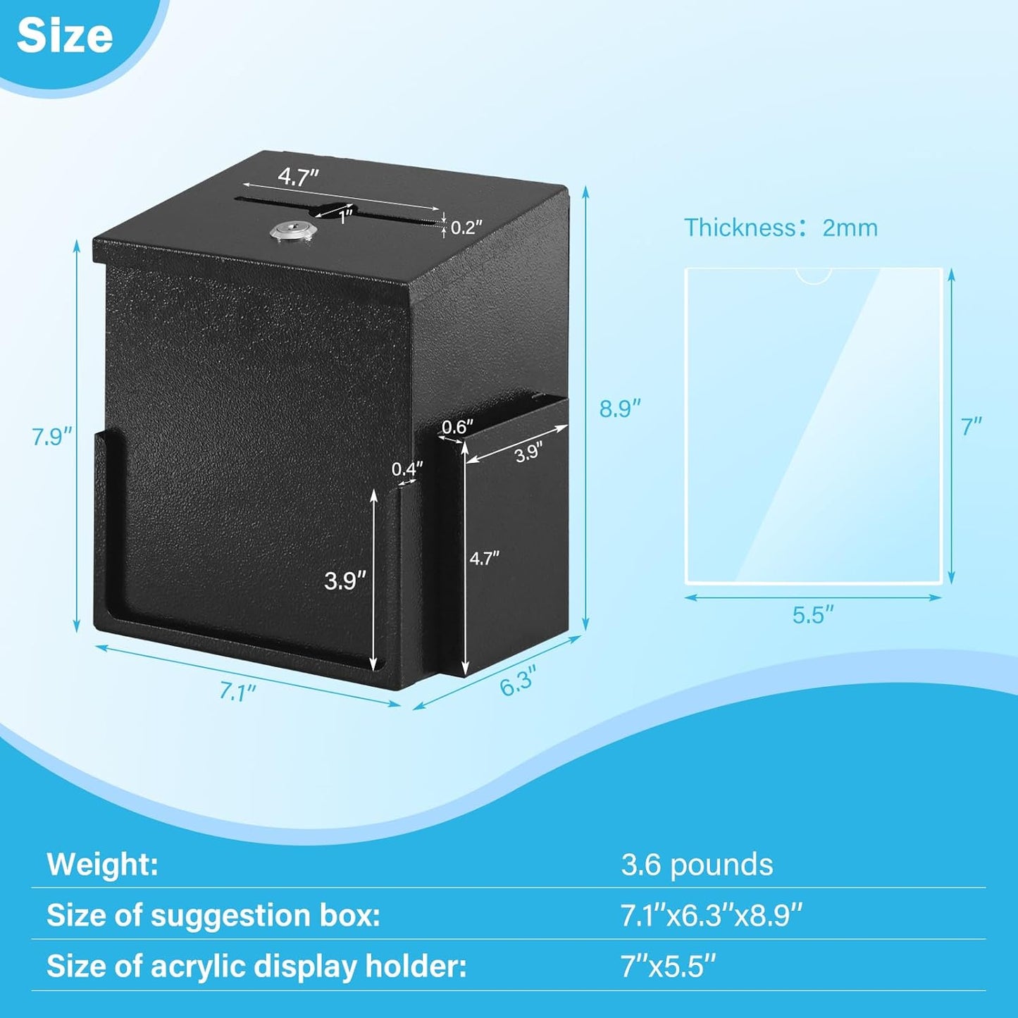 xydled Suggestion Box with Key Lock Acrylic Sign Holder, Metal Donation Ballot Drop Box with Slot Tip Jar for Office, Fundraising, Church, School,8.9''x7.1''x6.3'', Black