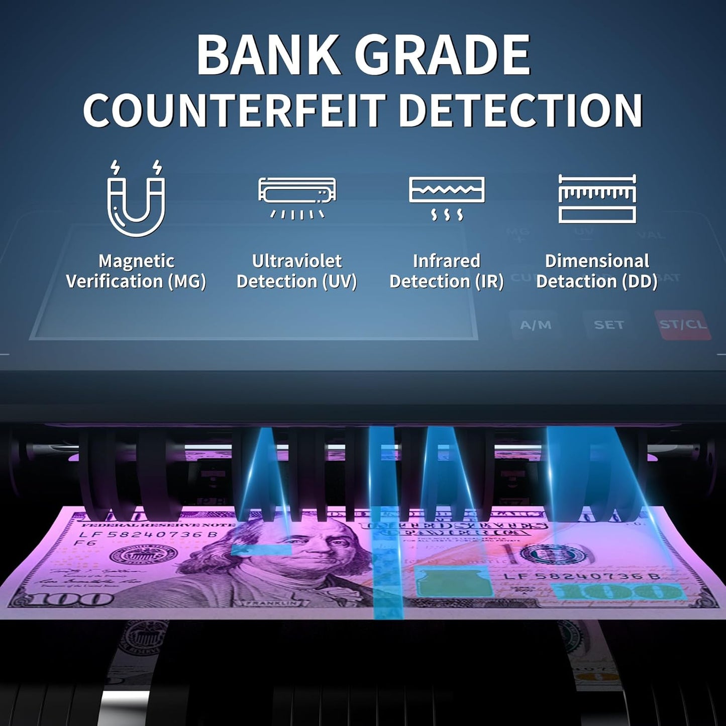 PONNOR Money Counter Machine with Value Count, UV/MG/IR/MT/DD Counterfeit Bill Detection, Dollar Euro Cash Counter with Count/Add/Batch/Auto Modes, External LCD Display