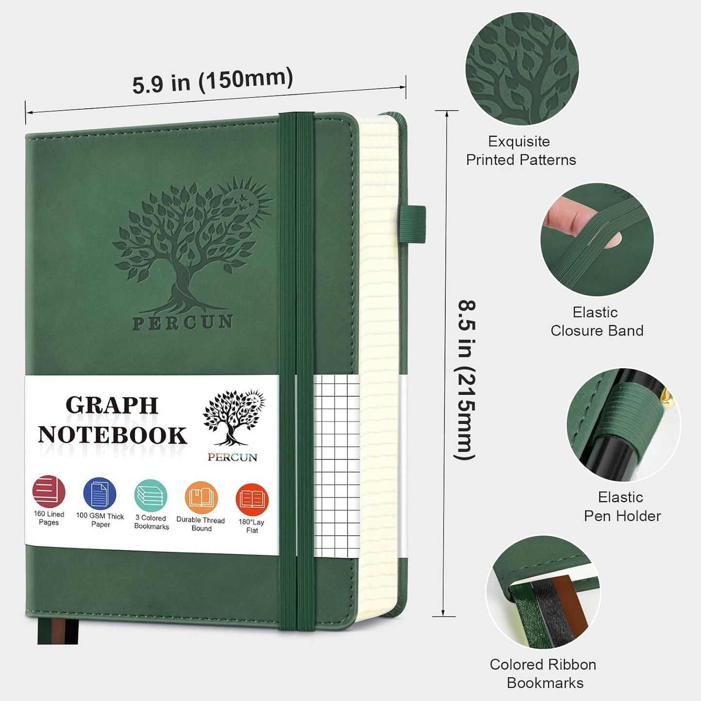 Graph Paper Notebook, 160 Pages Grid Journal for women & men, A5 Hardcover Leather Graphing Notebook for School, Work, Travel, Note Taking 5.9”x8.5” (Green)