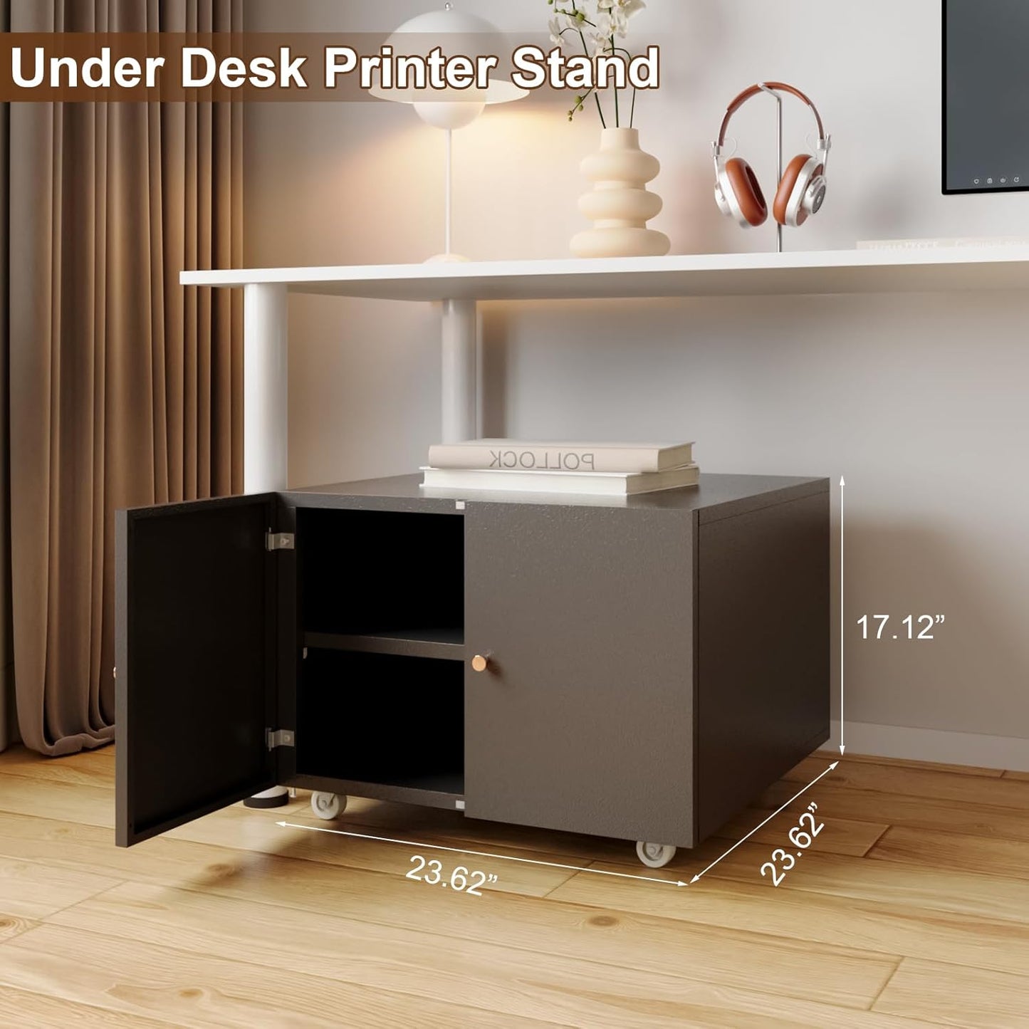 Small Space Printer Stand with Doors, Mini Fridge Stand for Laundry, 3D Printer Stand with Storage, Low Printer Table, Modern Under Desk for Home Office, Small Carts for Scanner, Fax