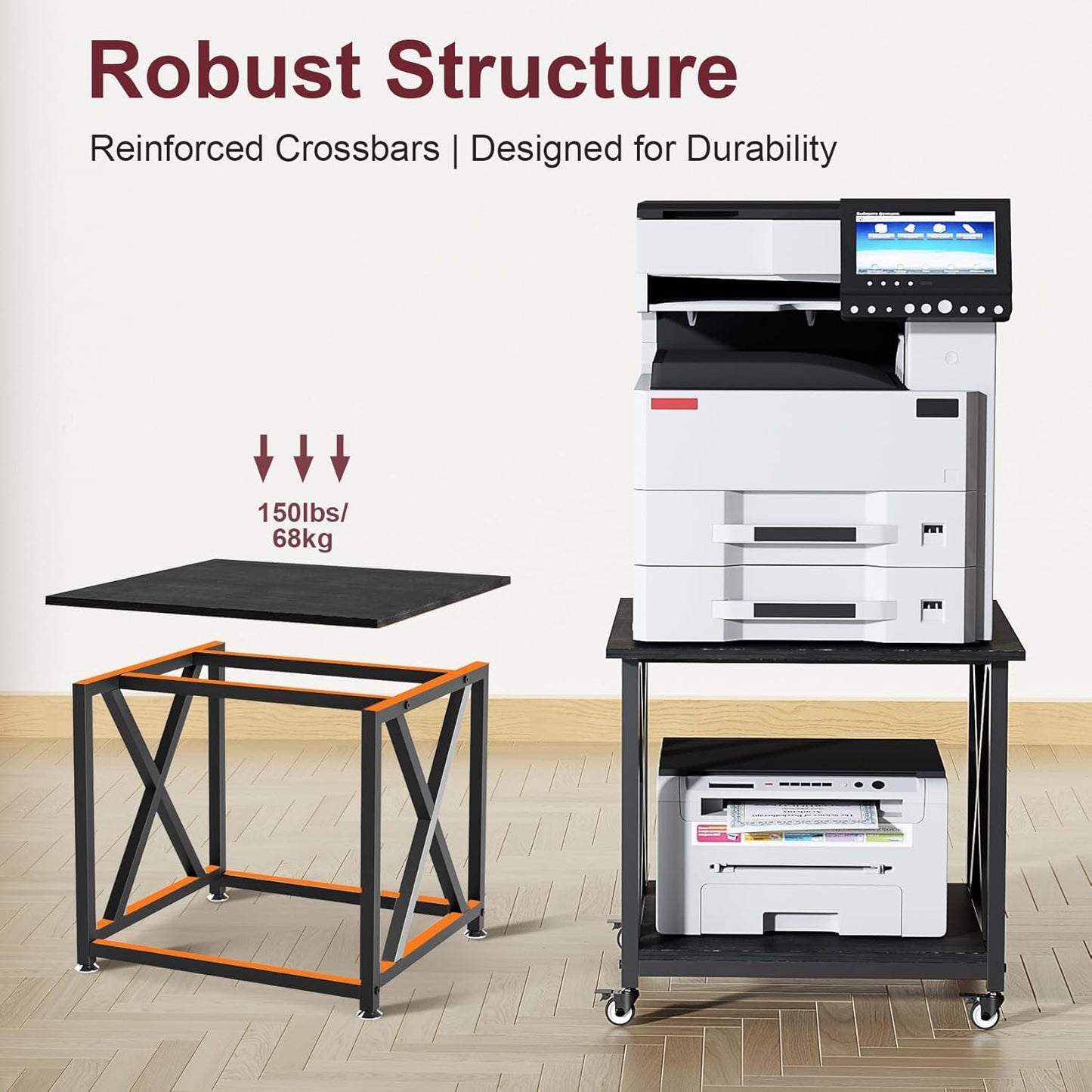 2 Tier Large Printer Stand, 23.6 x 23.6 Inches Printer Table with Storage Shelf, Rolling Printer Cart with Industrial Wheels for Home Office (Black)