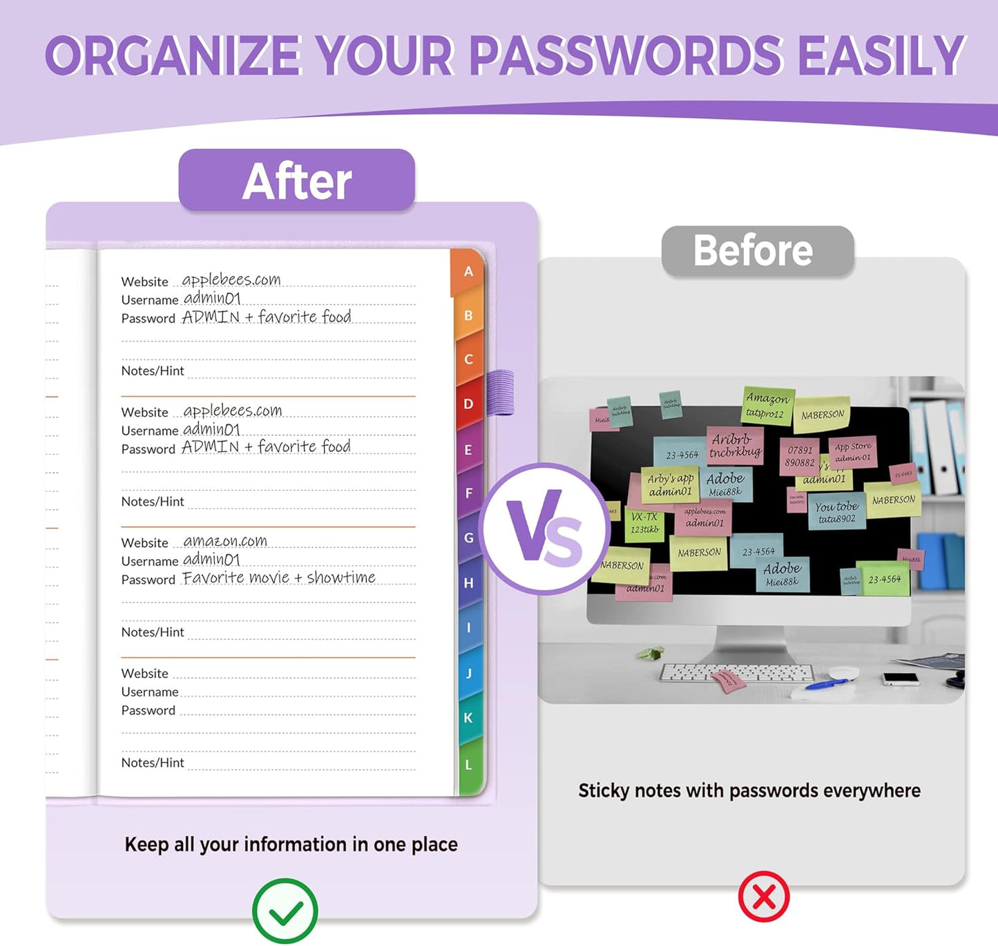 SUNEE Password Book with Colorful Alphabetical Tabs, Password Books for Seniors, Password Keeper Book for Computer and Internet Address Website Login, 5.3''x 7.7''- Purple