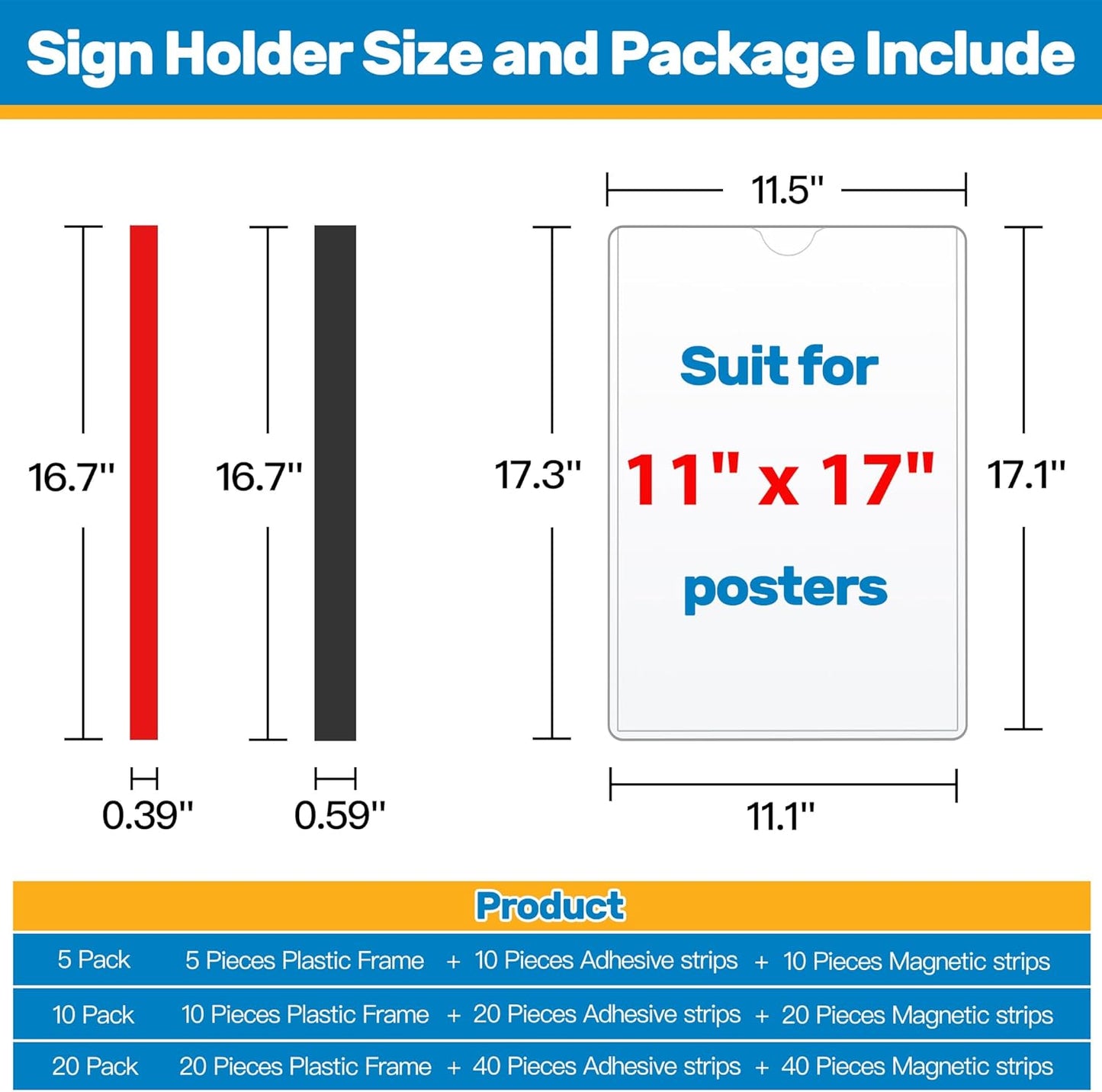Magnetic Frames 11 x 17 Sign Holder Wall Mount 10 Pack, Rigid Clear Plastic Sign Holder with Magnet & Adhesive, Door Paper Holder for Refrigerator, Locker, Metal, Whiteboards, Windows