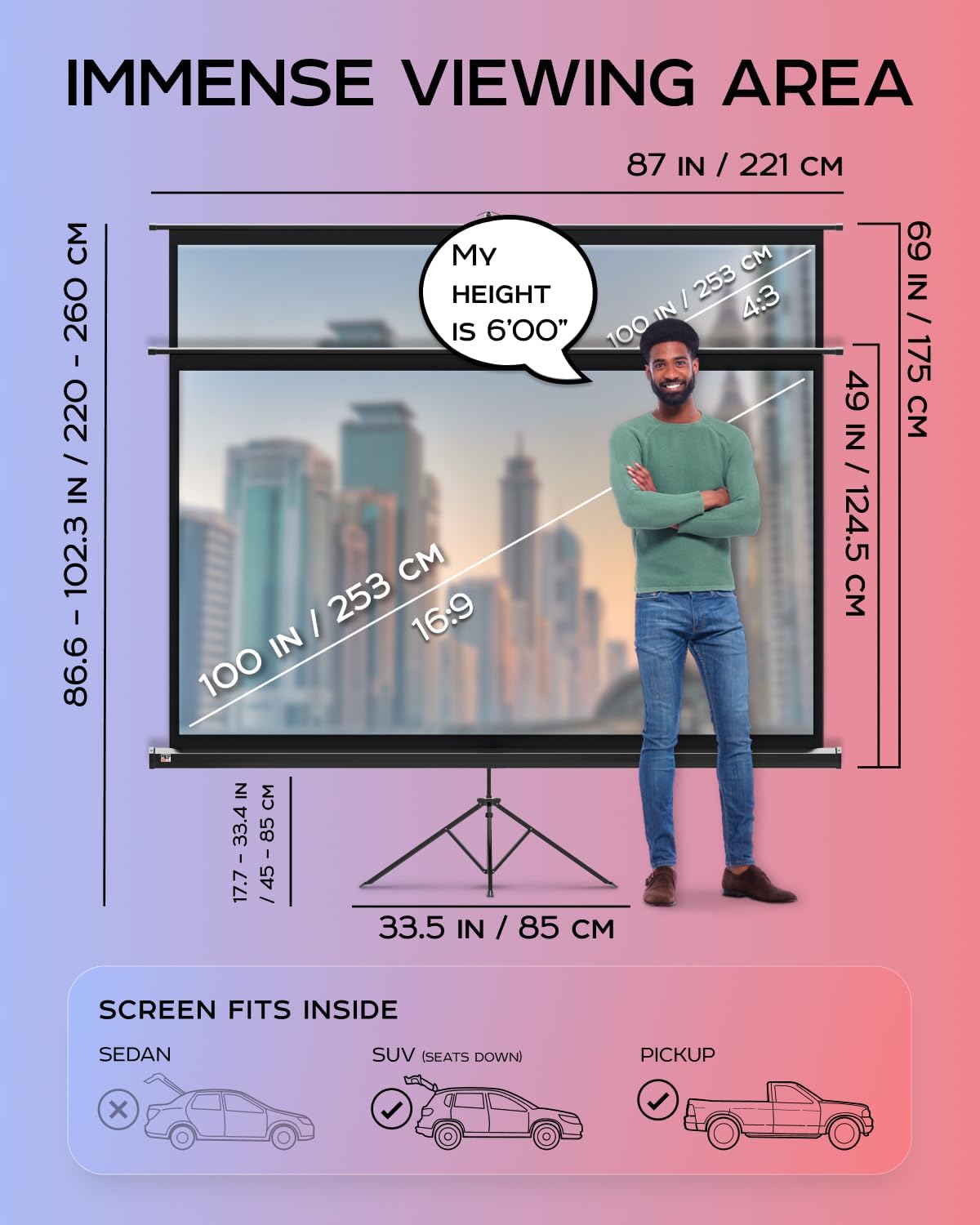 PropVue Projector Screen with Stand 100 inch - Indoor and Outdoor Projection Screen for Movie or Office Presentation - Adjustable from 16:9 to 4:3 HD Premium Wrinkle-Free Tripod Screen