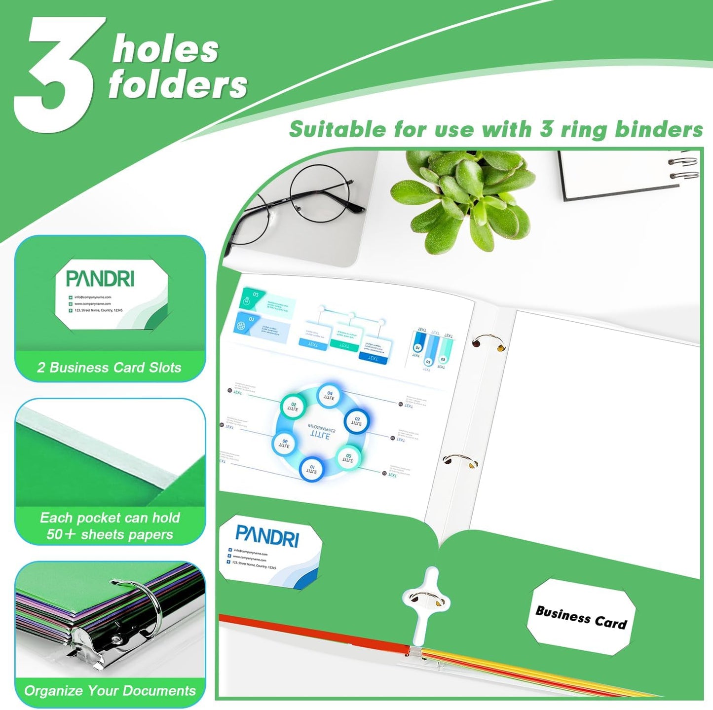 Two Pocket Portfolio Folders, PANDRI 60 Pack 3 Hole Punched 2 Pocket Folders for 3 Ring Binder, Letter Size Paper File Folder for School Office Home Business, Green