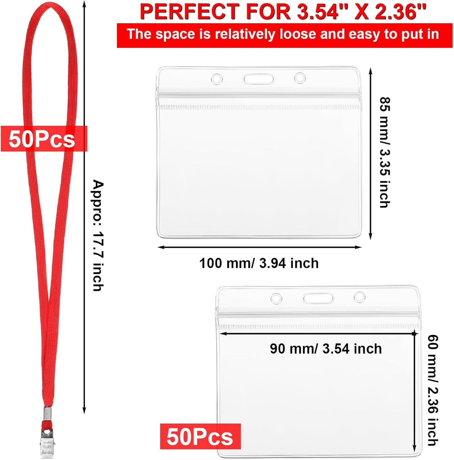 Marspark 50 Sets Clear Name Tags with Lanyard, Lanyards for ID Badges Reusable Strap with ID Holder Plastic Name Badges for Adults Business School Church Conference (Red)