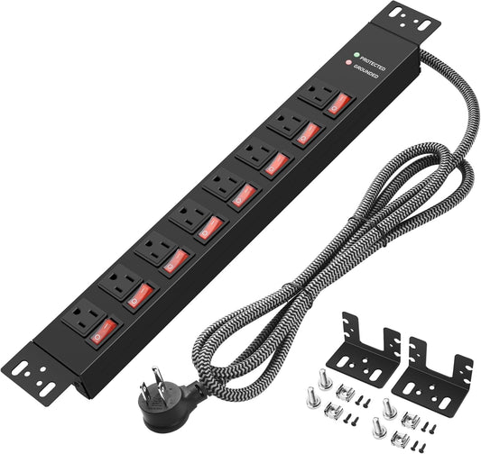 Rack Mount Power Strips,8 Outlet Strips Surge Protector with Individual Switches, PDU Power Strip for Server Racks, 14AWG Heavy-Duty Braided Extension Cord,2700J,15A 125V 1875W (10 FT Cable)