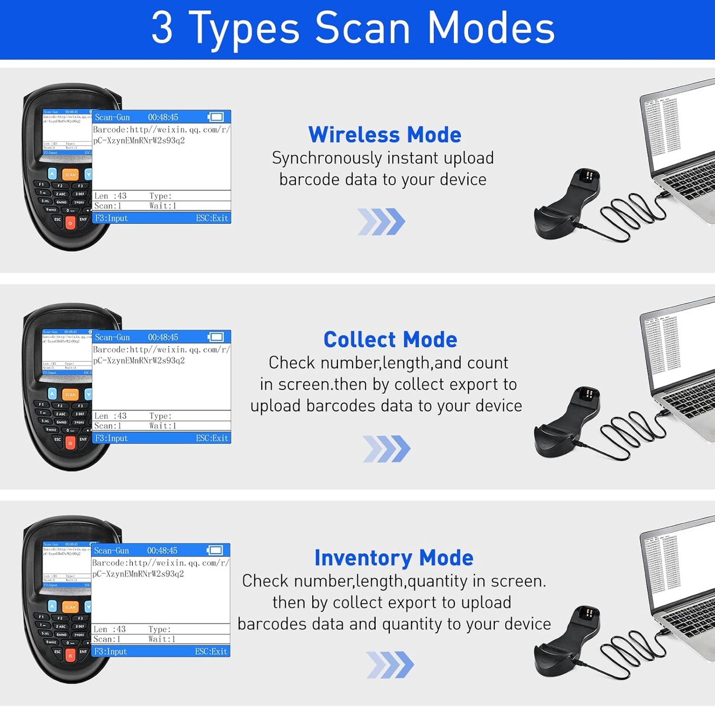 1D 2D Barcode Scanner Wireless, JRHC Portable Inventory Scanner & Data Collector Data Terminal PDT Inventory Device with Long Transmission Distance 2.4G Wireless Bar Code Reader with 2.2" LCD Screen