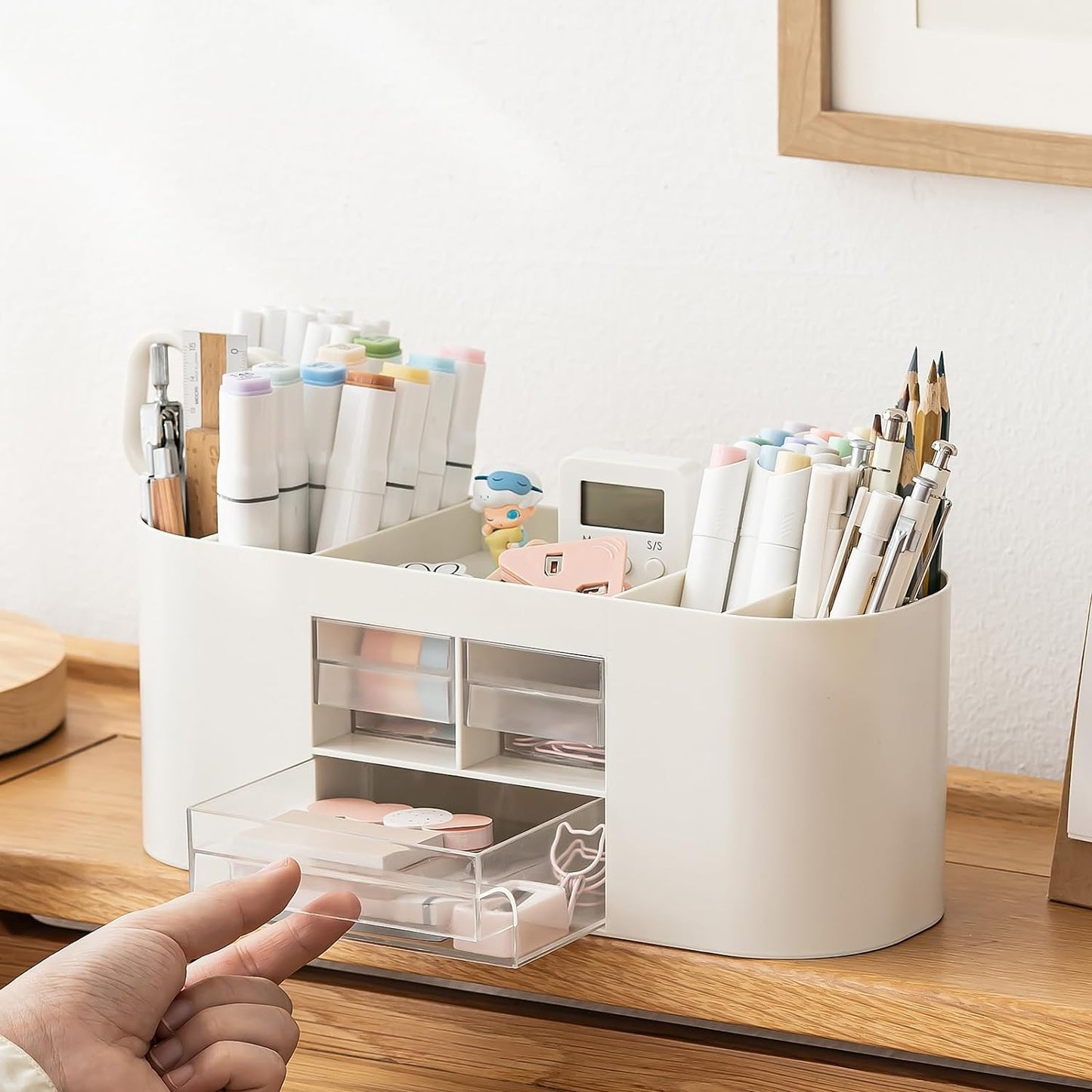 INSTOME Pencil Pen Holder for Desk with 3 Drawers - All-In-One Desk Organizer - Perfect Desk Accessories for Office Use - Stylish & Convenient Desk Organizers and Accessories (Beige)