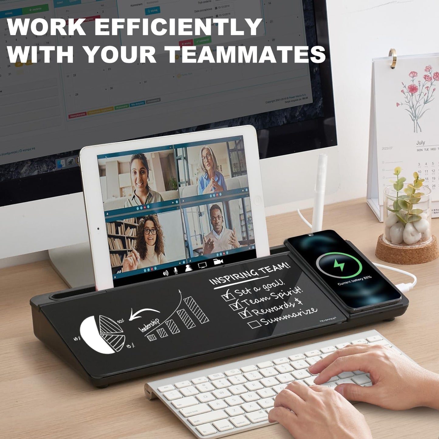 Small Glass Desktop Whiteboard Dry-Erase-Board - Computer Keyboard Stand with Wireless Charger White Board Surface Pad with Drawer, Desk Organizers with Accessories for Office, Home, School Supplies