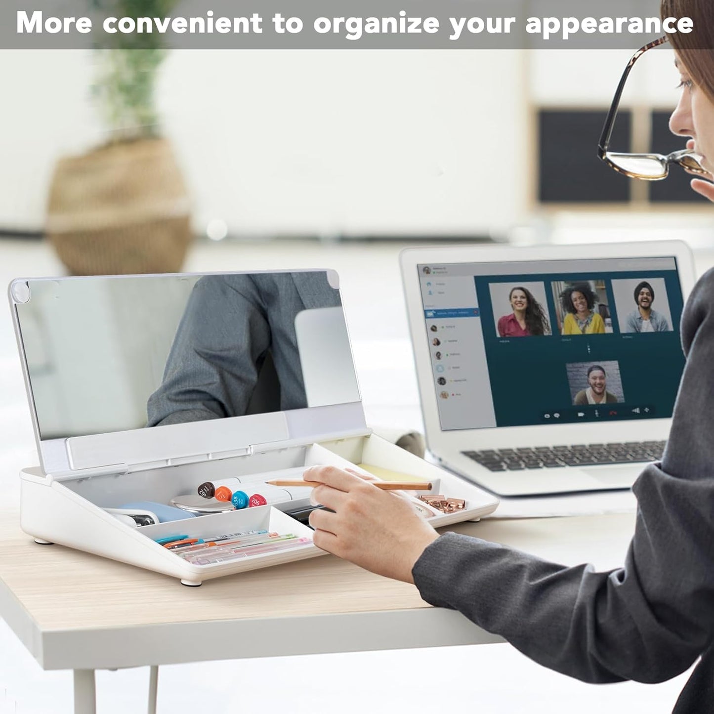 Varhomax Glass Desk Whiteboard with Built-in Mirror, Desktop Organizer Dry Erase White Board with Storage, to Do List Memo Notepad for Home Office and School Supplies