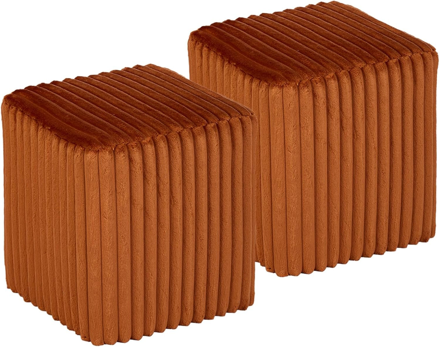 Modern Square Ottoman 2Pcs, Vertical Channel Tufted Foot Stool Ottoman, Velvet Upholstered Vanity Stool for Makeup, Bedroom, Living Room, Dark Orange